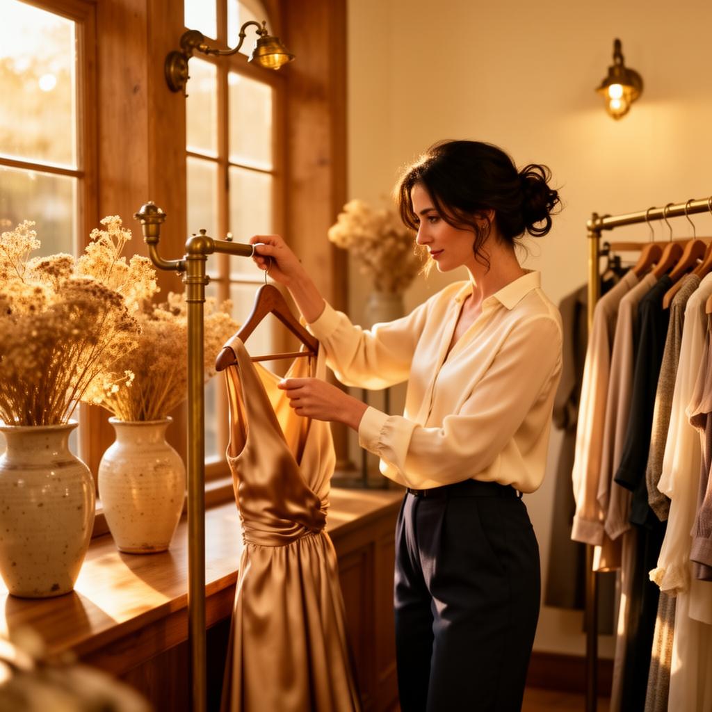 Olivia carefully arranging a dress in the boutique